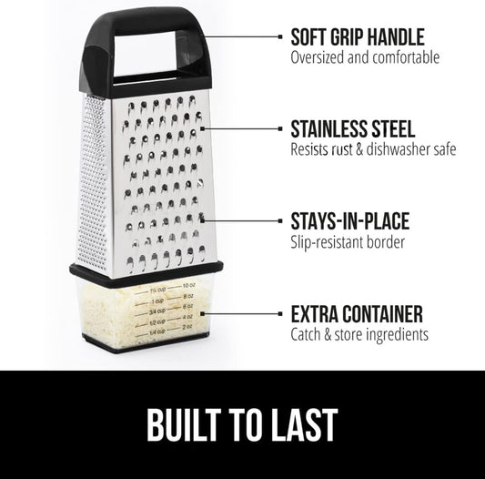 ® XL 4-Sided Stainless Steel Cheese Grater With Measurement Container, BPA-Free Box Grater, Slip Resistant Base, Grate Hard Parmesan, Shred Veggies, Zest Citrus, Dishwasher Safe, Black