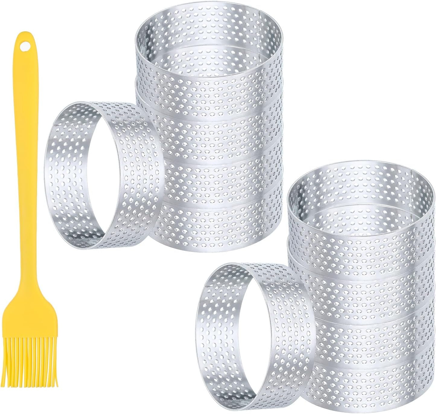 10pcs Perforated Cake Rings 2.4 Inch Stainless Steel Round Cake Mousse Ring Molds with Brush for Baking Cake Dessert Pastry Making, Silver Tone