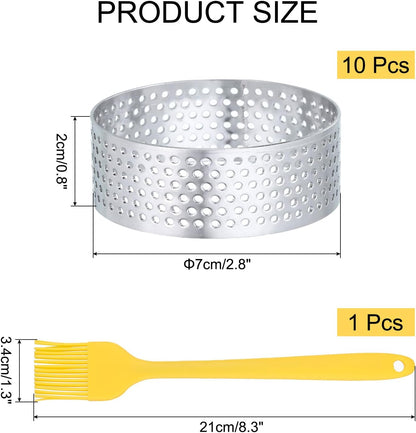 10pcs Perforated Cake Rings 2.4 Inch Stainless Steel Round Cake Mousse Ring Molds with Brush for Baking Cake Dessert Pastry Making, Silver Tone