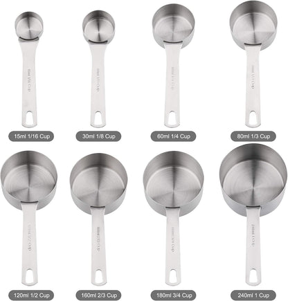 Measuring Cups Set, 18/8 Stainless Steel Measuring Cups and Spoons Set, 8 Kitchen Measuring cups & 9 Baking Measuring Spoons & Magnetic Conversion Chart&Leveler&Rings-Metal Measure Cups&Spoons