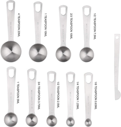 Measuring Cups Set, 18/8 Stainless Steel Measuring Cups and Spoons Set, 8 Kitchen Measuring cups & 9 Baking Measuring Spoons & Magnetic Conversion Chart&Leveler&Rings-Metal Measure Cups&Spoons