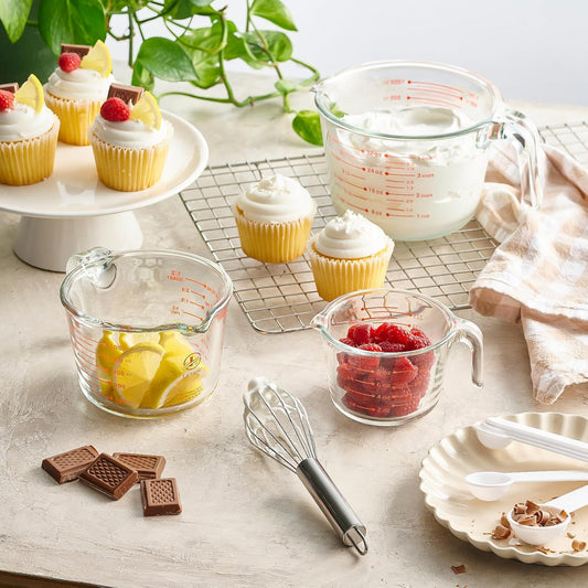Set of 3 Glass Measuring Cups with Measuring Spoons & Whisk - Kitchen Mixing Bowl Liquid Measure Cup, Glass Bakeware. 1 cup, 2 cup, 4 cup., Multi Size, Clear