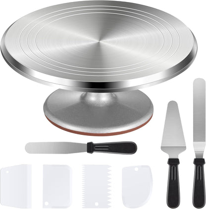 Cake Turntable, 12'' Aluminium Alloy Cake Stand, Cake Decorating Kit with 3 Icing Spatulas and 4 Icing Combs, Cake Decorating Supplies for Cake, Cupcake, Desserts