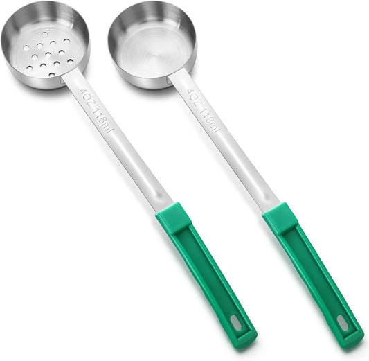 2 Pcs Portion Control Serving Spoons, Restaurant Measuring Serving Ladle Utensils, Portion Spoons for Weight Loss, Kitchen (Green,4 oz,Solid and Slotted)