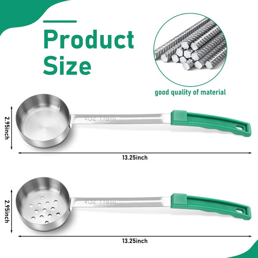 2 Pcs Portion Control Serving Spoons, Restaurant Measuring Serving Ladle Utensils, Portion Spoons for Weight Loss, Kitchen (Green,4 oz,Solid and Slotted)