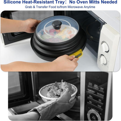 Microwave Splatter Cover for Food with Handle &Heat-Resistant Mat, 10.7" Collapsible Microwave Plate Cover - BPA Free, Dishwasher Safe Food Lid, Multi-Use Colander & Steamer for Meal Prep （Black）
