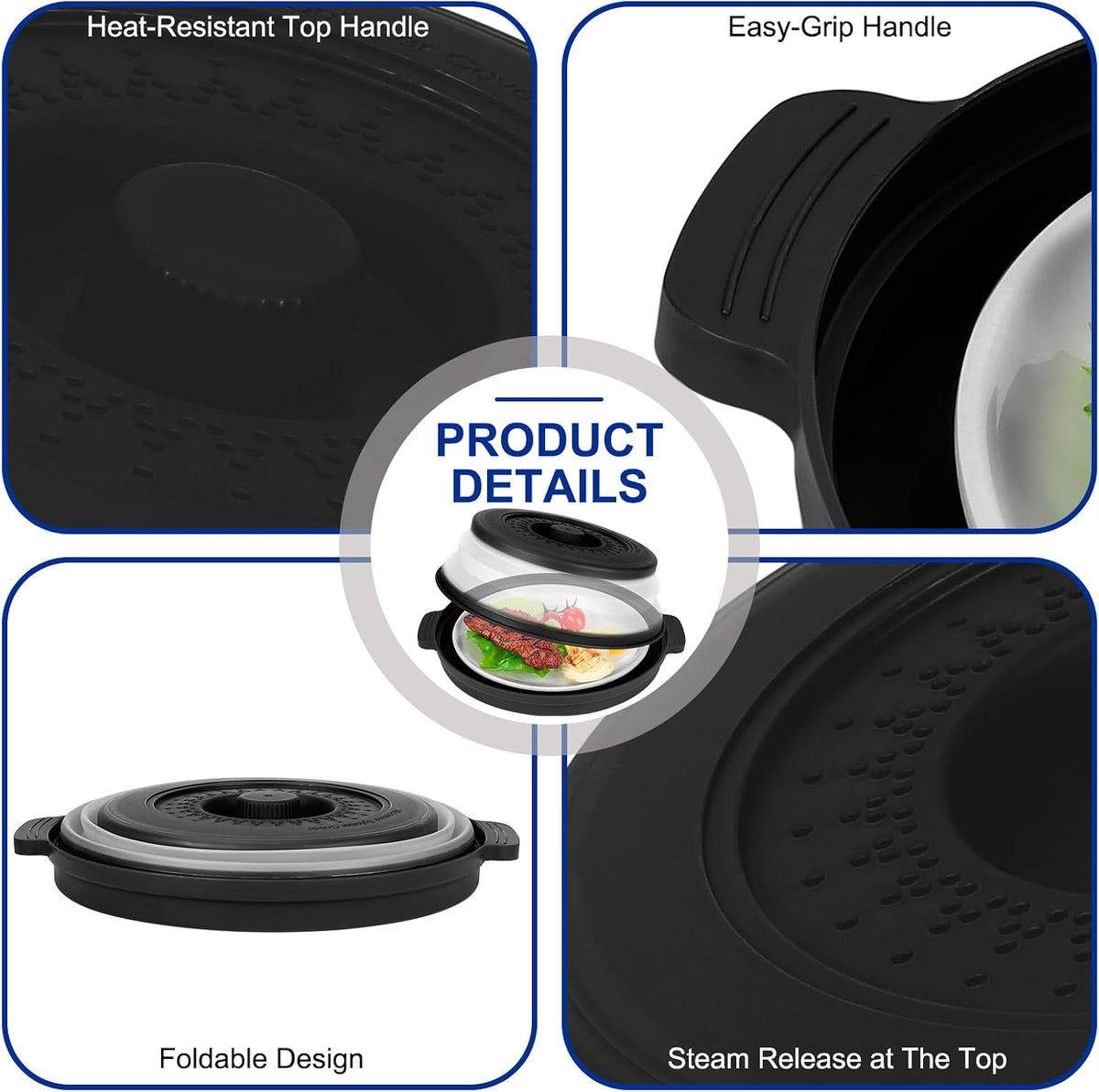 Microwave Splatter Cover for Food with Handle &Heat-Resistant Mat, 10.7" Collapsible Microwave Plate Cover - BPA Free, Dishwasher Safe Food Lid, Multi-Use Colander & Steamer for Meal Prep （Black）