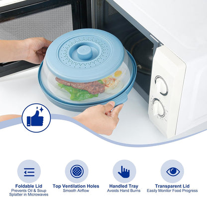 Microwave Splatter Cover for Food with Handle &Heat-Resistant Mat, 10.7" Collapsible Microwave Plate Cover - BPA Free, Dishwasher Safe Food Lid, Multi-Use Colander & Steamer for Meal Prep （Black）