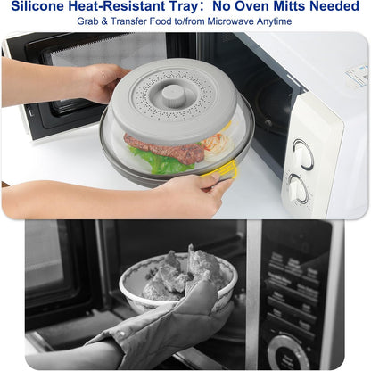 Microwave Splatter Cover for Food with Handle &Heat-Resistant Mat, 10.7" Collapsible Microwave Plate Cover - BPA Free, Dishwasher Safe Food Lid, Multi-Use Colander & Steamer for Meal Prep （Black）