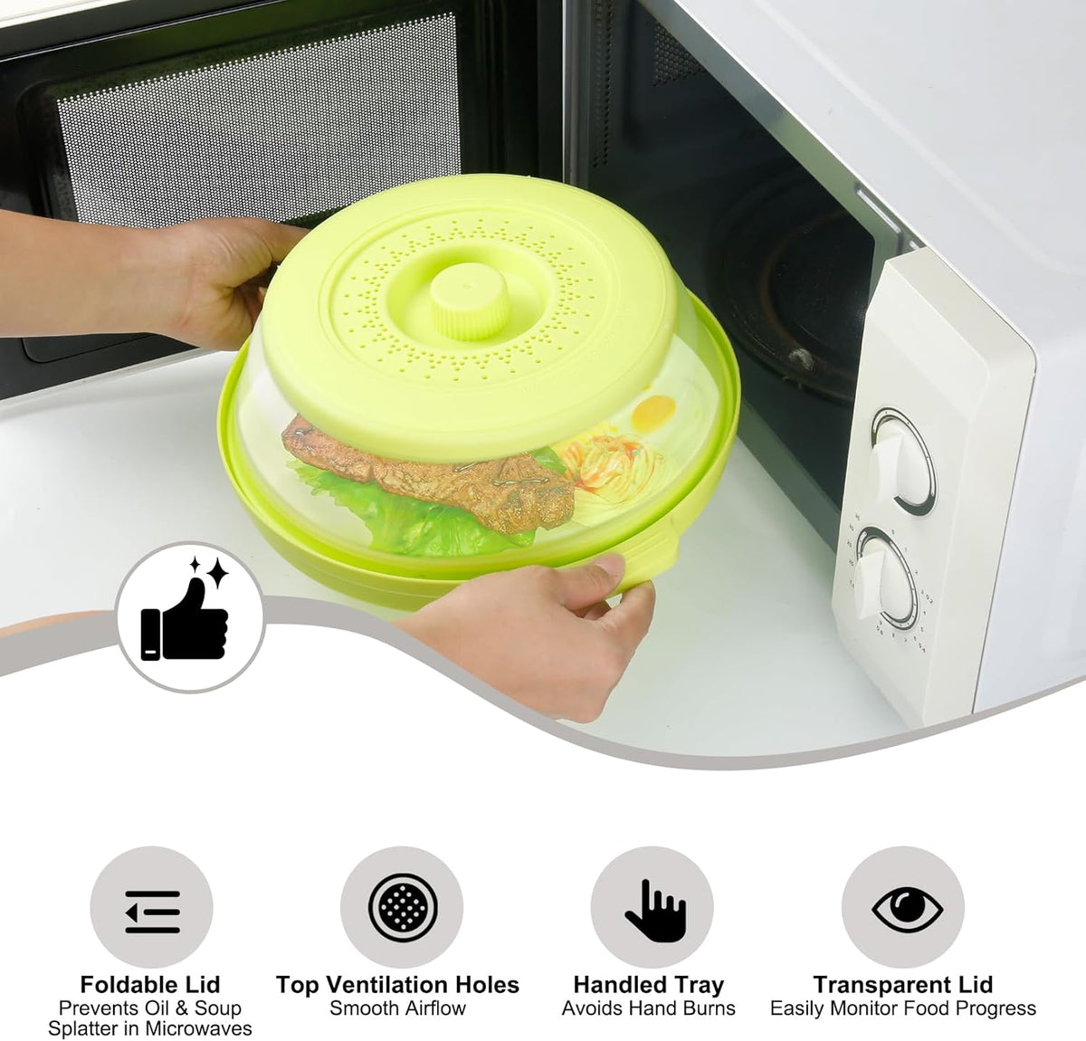 Microwave Splatter Cover for Food with Handle &Heat-Resistant Mat, 10.7" Collapsible Microwave Plate Cover - BPA Free, Dishwasher Safe Food Lid, Multi-Use Colander & Steamer for Meal Prep （Black）
