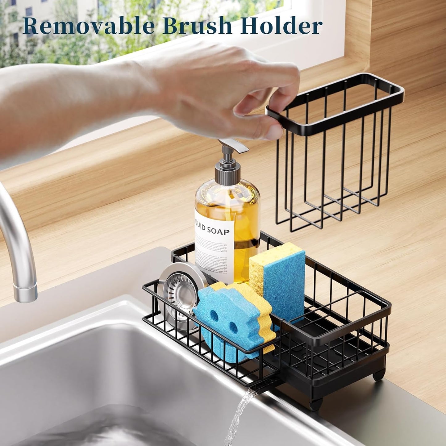 Sponge Holder for Kitchen Sink - Auto Draining Sink Caddy Organizer with Detachable Rack, High Brush Holder, Kitchen Countertop Storage Accessories, Black
