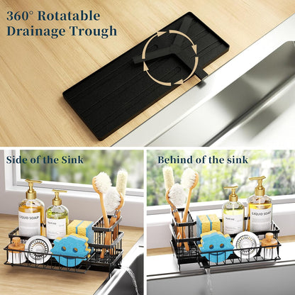 Sponge Holder for Kitchen Sink - Auto Draining Sink Caddy Organizer with Detachable Rack, High Brush Holder, Kitchen Countertop Storage Accessories, Black