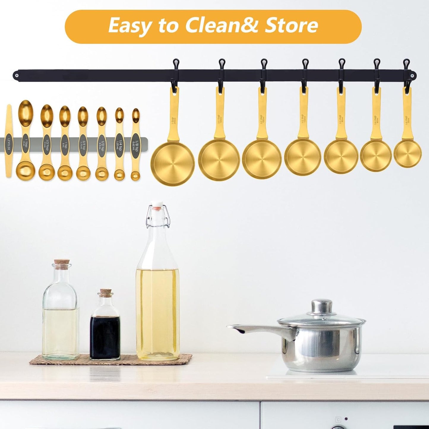 15pcs Gold Magnetic Measuring Spoons and Cups Set, Stainless Steel 8 Dual Sided Magnetic Measuring Spoons set with Leveler, 7 Cups, Measurement for Liquid and Dry Ingredients for Kitchen