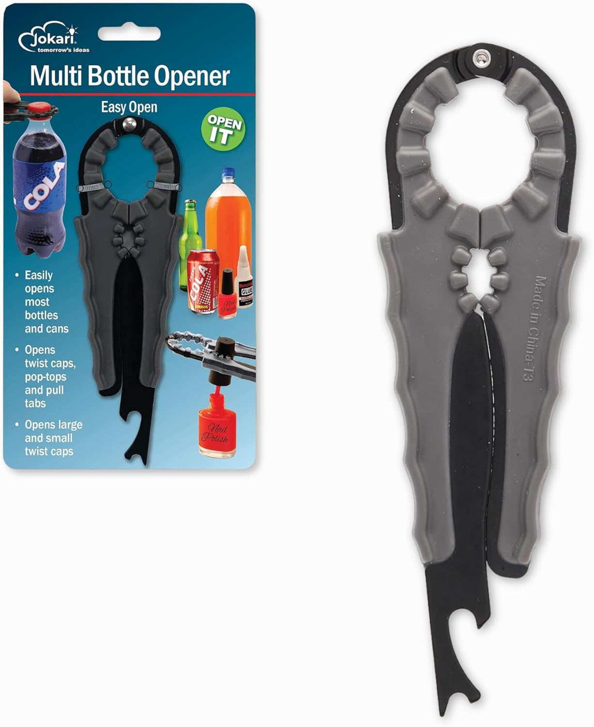Multi Bottle Opener for Jars Bottles and Cans 3 in 1 Easy Grip Lid Opener for Weak Hands Twist Caps Pull Tabs Pop Tops and Small Lids Arthritis Aid Manual Kitchen Tool Black