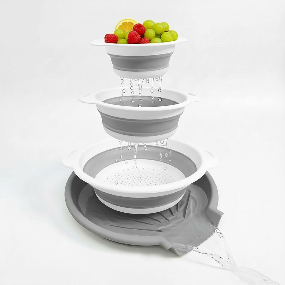 Collapsible Colanders Set, 3 Pack Food Strainers with Over-Sink Water Draining Base for Pasta Fruits and Vegetables