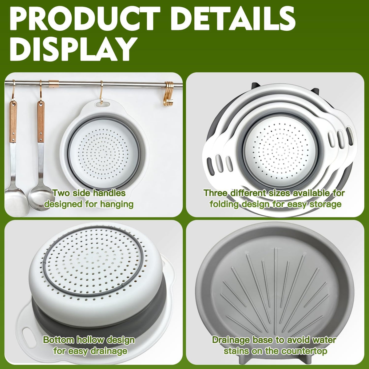 Collapsible Colanders Set, 3 Pack Food Strainers with Over-Sink Water Draining Base for Pasta Fruits and Vegetables