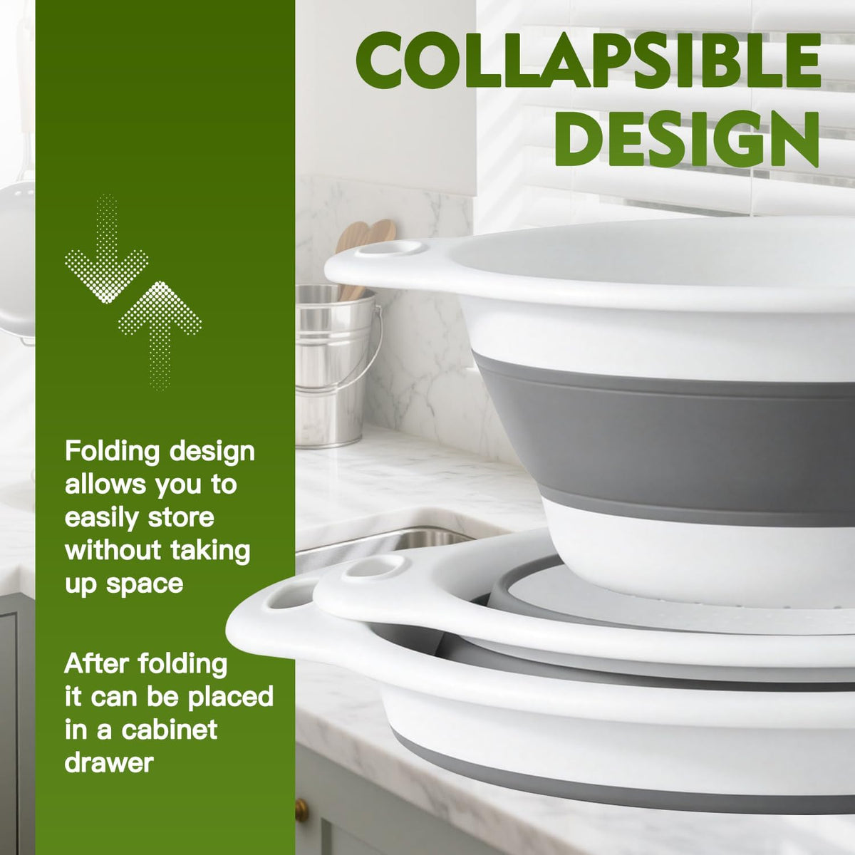 Collapsible Colanders Set, 3 Pack Food Strainers with Over-Sink Water Draining Base for Pasta Fruits and Vegetables