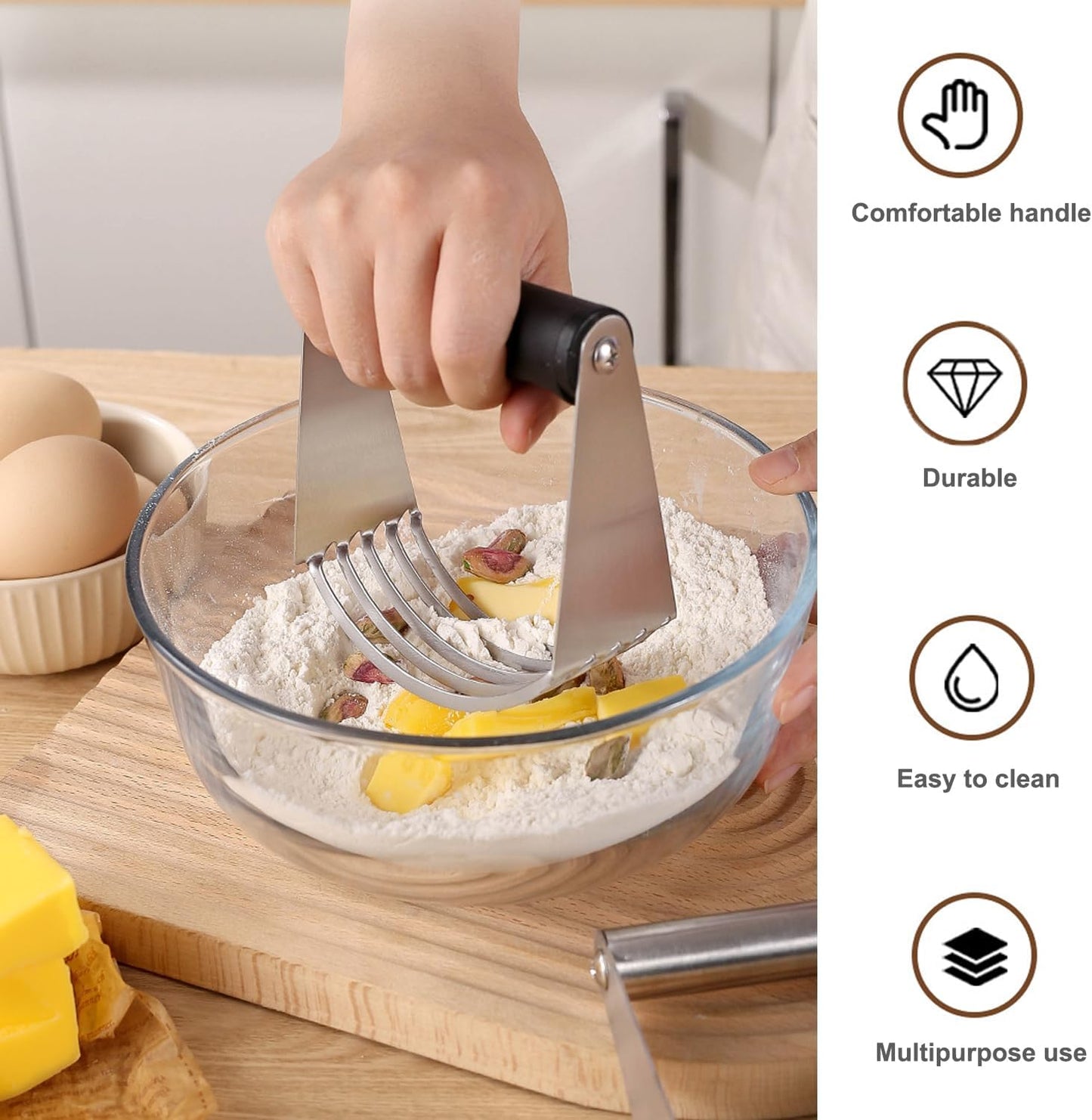 Dough Blender Stainless Steel Pastry Cutter Pastry Cutter & Measuring Spoons Set, Ergonomic Soft Grip Butter Mixer for Pie Crust Pizza Dough Biscuits Scones, Dishwasher Safe Baking Tool