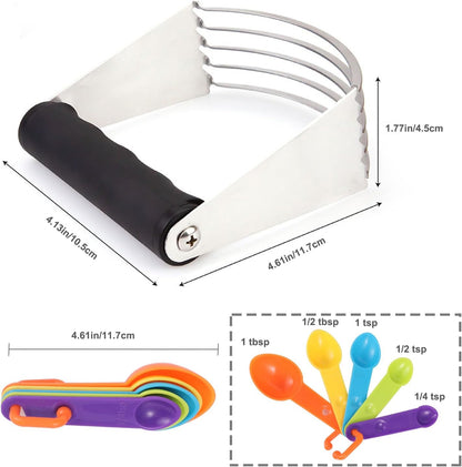 Dough Blender Stainless Steel Pastry Cutter Pastry Cutter & Measuring Spoons Set, Ergonomic Soft Grip Butter Mixer for Pie Crust Pizza Dough Biscuits Scones, Dishwasher Safe Baking Tool