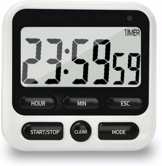 Digital Kitchen Timer 24 Hour with Clock, Countdown Count Up Timer | Silent/Loud Alarm Switch, Memory Function, Magnetic Feature, Large LCD Display, Portable Timer for Cooking, Baking & Study