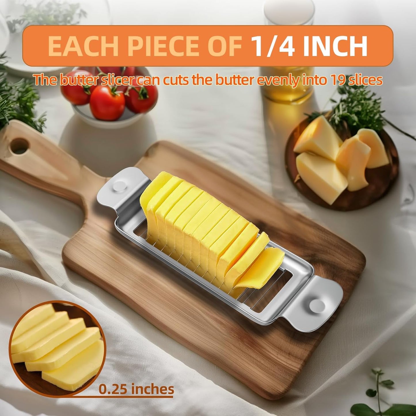 Stainless Steel Butter & Cheese Slicer - Multipurpose Food Cutter With Ergonomic Handle for Block Cheese - 1/4 Inch Slices on Average - Dishwasher Safe