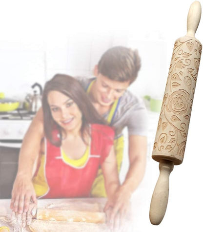 Wooden Rolling Pin, Rose Flower Embossed Engraved Carved Rolling Pin, Valentine's Day DIY Cookies Biscuit Fondant Cake Dough Roller Baking Tool (Wood color)