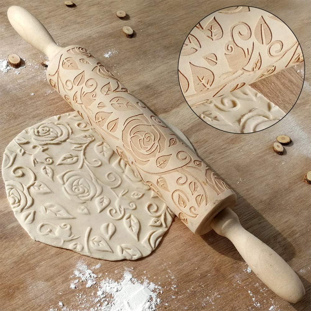 Wooden Rolling Pin, Rose Flower Embossed Engraved Carved Rolling Pin, Valentine's Day DIY Cookies Biscuit Fondant Cake Dough Roller Baking Tool (Wood color)