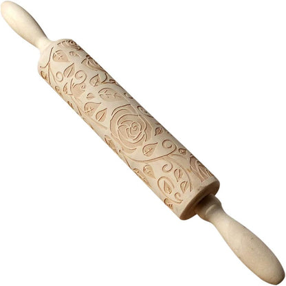 Wooden Rolling Pin, Rose Flower Embossed Engraved Carved Rolling Pin, Valentine's Day DIY Cookies Biscuit Fondant Cake Dough Roller Baking Tool (Wood color)