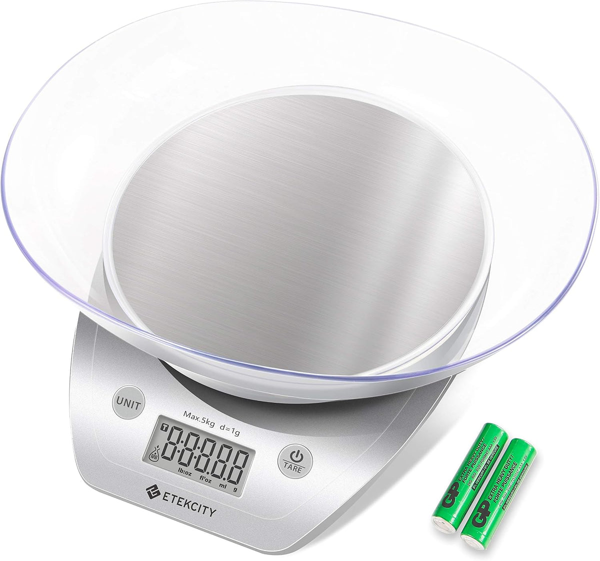 Food Kitchen Scale Bowl, Digital Ounces and Grams for Cooking, Baking, Meal Prep, Dieting, and Weight Loss, 11lb/5kg, Silver