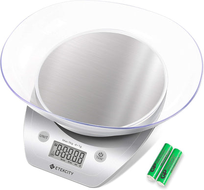 Food Kitchen Scale Bowl, Digital Ounces and Grams for Cooking, Baking, Meal Prep, Dieting, and Weight Loss, 11lb/5kg, Silver