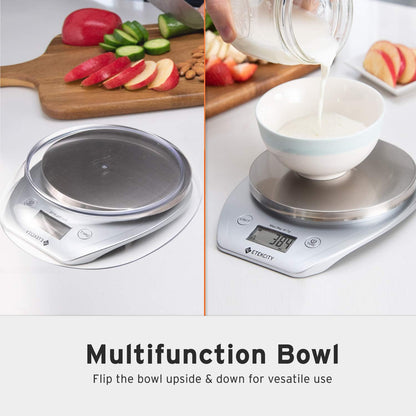 Food Kitchen Scale Bowl, Digital Ounces and Grams for Cooking, Baking, Meal Prep, Dieting, and Weight Loss, 11lb/5kg, Silver