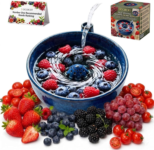 Self Spinning Washing Berry Bowl, Original Ceramic Fruit Vortex Washer with Drainage Holes, Quick Rotating Swirl Colander Basket for Kitchen Counter, Handmade Cleaning Strainer Equipment