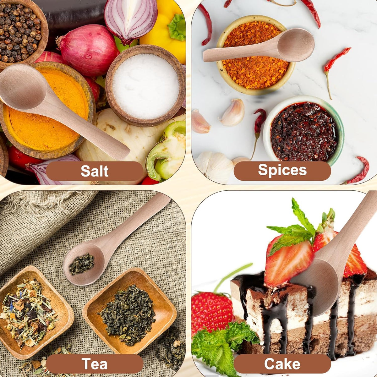 6PCS Salt Spoon, Small Wooden Spoons, 3.94 Inch Mini Teaspoons for Honey, Sugar, Spice Jars, Coffee, Jam, Condiments, Ideal Kitchen Gift (Wood Color)
