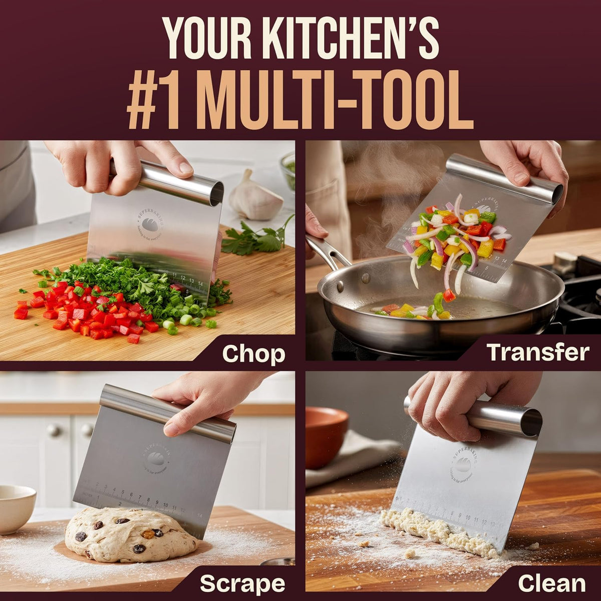 Multipurpose Bench Scraper, 6" Grill & Dough Scraper with Ruler