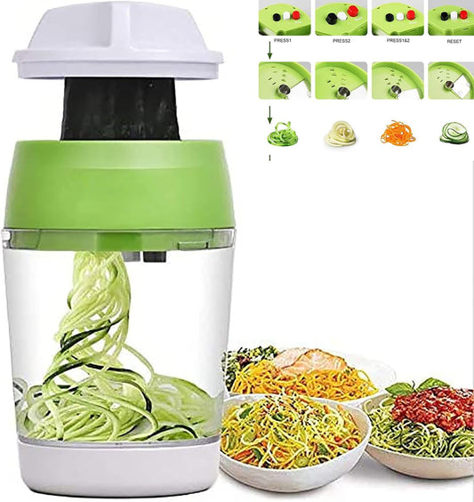 5 in1 Handheld Spiralizer Vegetable Slicer, Green, Plastic, ABS, Stainless Steel | Spiral Cutter with Container For Carrot Cucumber Onion Zucchini Spiral Slicer, 4 Modes, 3 Blades, Kitchen Gadget