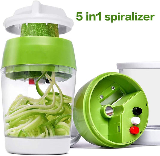 5 in1 Handheld Spiralizer Vegetable Slicer, Green, Plastic, ABS, Stainless Steel | Spiral Cutter with Container For Carrot Cucumber Onion Zucchini Spiral Slicer, 4 Modes, 3 Blades, Kitchen Gadget