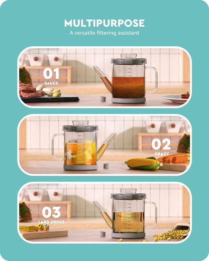 Glass Fat Separator, Bacon Grease Container With Strainer (4 Cups)