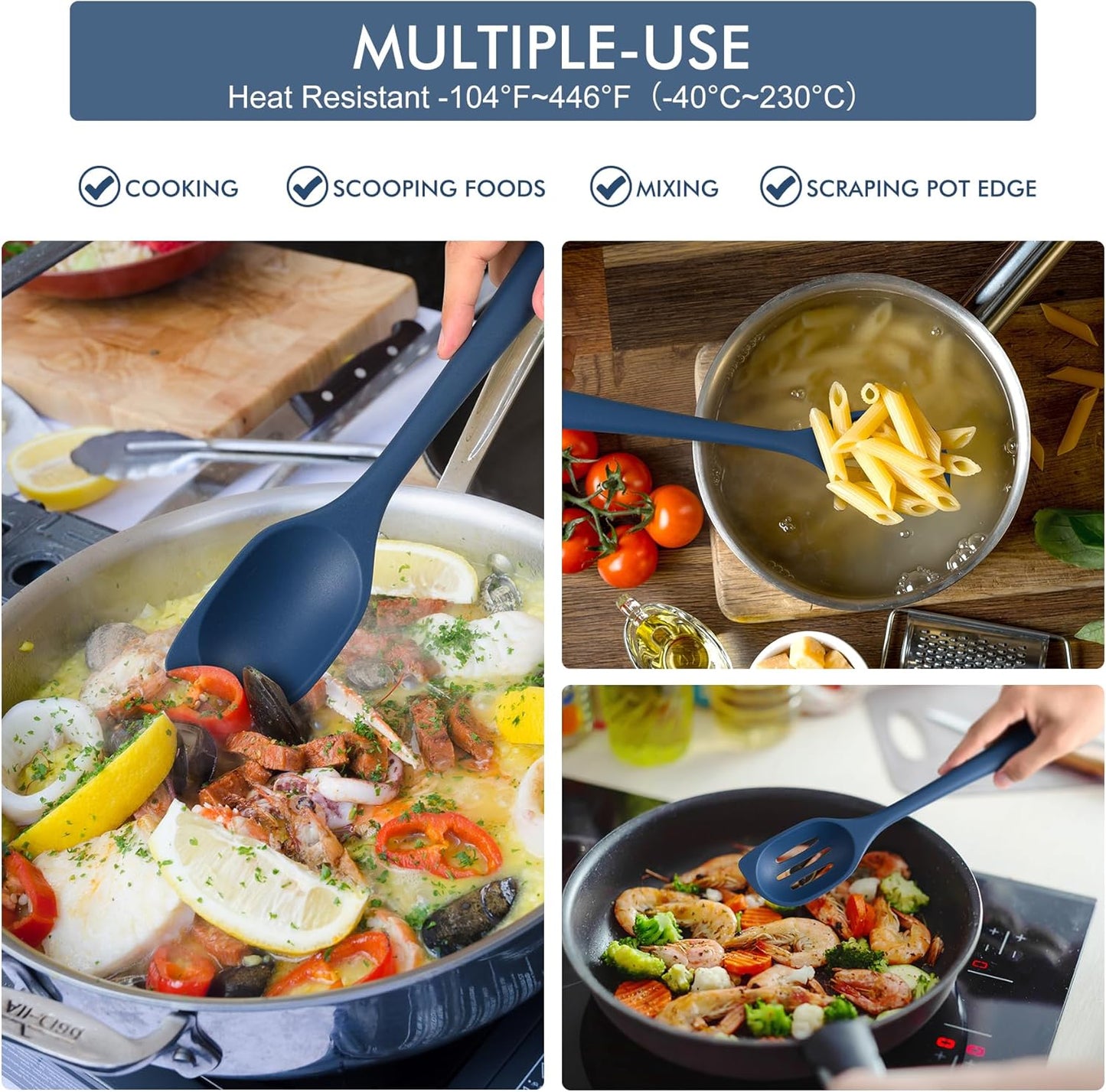 446°F Heat Resistant Silicone Cooking Spoon Spatula, BPA Free Large Kitchen Solid and Slotted Spoons for Mixing, Serving, Scraping, Non-stick, Dishwasher Safe Classic Blue 12.5inch