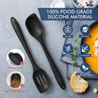 446°F Heat Resistant Silicone Cooking Spoon Spatula, BPA Free Large Kitchen Solid and Slotted Spoons for Mixing, Serving, Scraping, Non-stick, Dishwasher Safe Classic Blue 12.5inch