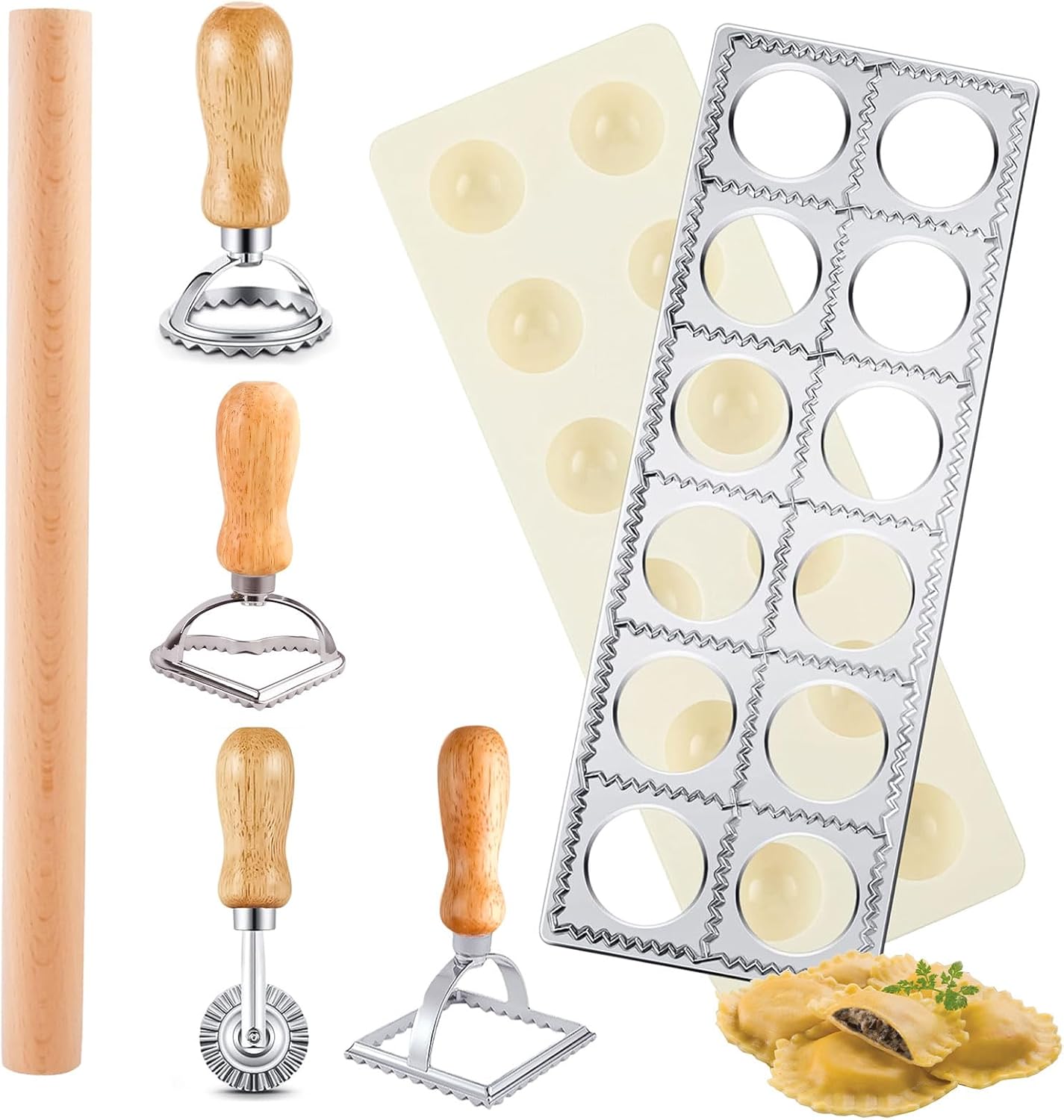 Ravioli Mold with 4 Ravioli Stamp Maker Cutter, 1 Wooden Rolling Pin | 12 Holes Ravioli Maker for Homemade Raviolis, Pasta Making Tools Set for Making Pasta, Dumplings, Pierogi, Lasagna, Meat Pie