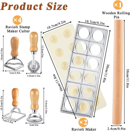 Ravioli Mold with 4 Ravioli Stamp Maker Cutter, 1 Wooden Rolling Pin | 12 Holes Ravioli Maker for Homemade Raviolis, Pasta Making Tools Set for Making Pasta, Dumplings, Pierogi, Lasagna, Meat Pie