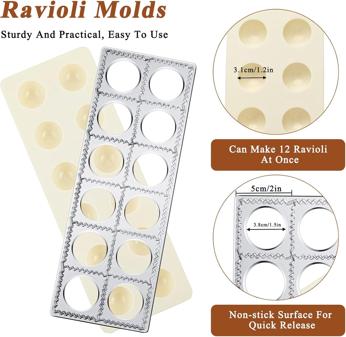 Ravioli Mold with 4 Ravioli Stamp Maker Cutter, 1 Wooden Rolling Pin | 12 Holes Ravioli Maker for Homemade Raviolis, Pasta Making Tools Set for Making Pasta, Dumplings, Pierogi, Lasagna, Meat Pie