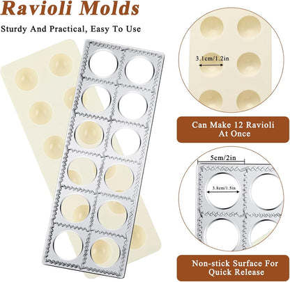 Ravioli Mold with 4 Ravioli Stamp Maker Cutter, 1 Wooden Rolling Pin | 12 Holes Ravioli Maker for Homemade Raviolis, Pasta Making Tools Set for Making Pasta, Dumplings, Pierogi, Lasagna, Meat Pie