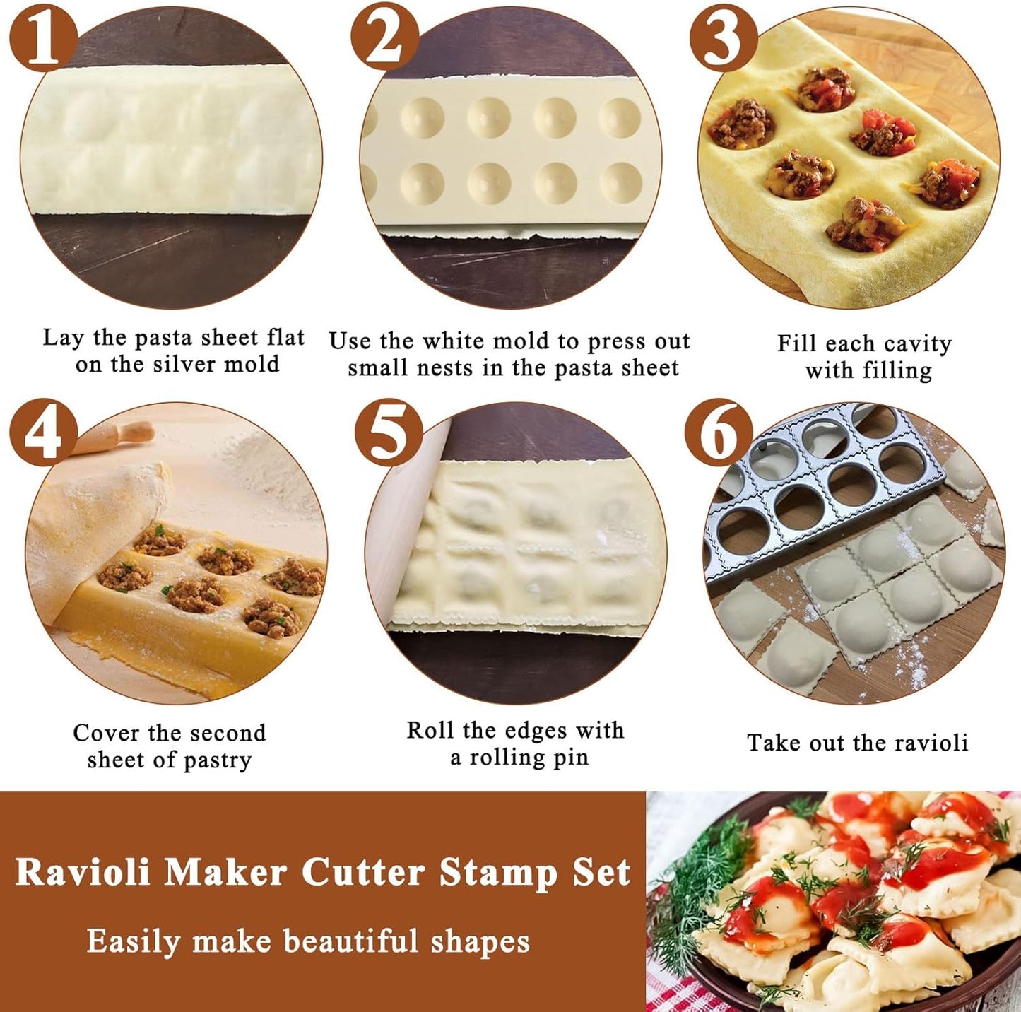 Ravioli Mold with 4 Ravioli Stamp Maker Cutter, 1 Wooden Rolling Pin | 12 Holes Ravioli Maker for Homemade Raviolis, Pasta Making Tools Set for Making Pasta, Dumplings, Pierogi, Lasagna, Meat Pie