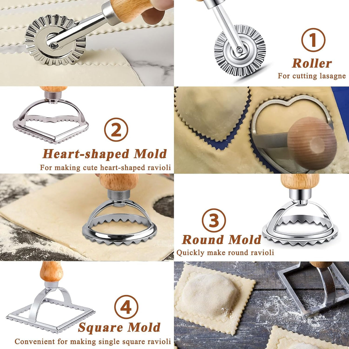 Ravioli Mold with 4 Ravioli Stamp Maker Cutter, 1 Wooden Rolling Pin | 12 Holes Ravioli Maker for Homemade Raviolis, Pasta Making Tools Set for Making Pasta, Dumplings, Pierogi, Lasagna, Meat Pie