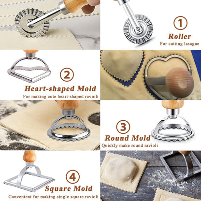 Ravioli Mold with 4 Ravioli Stamp Maker Cutter, 1 Wooden Rolling Pin | 12 Holes Ravioli Maker for Homemade Raviolis, Pasta Making Tools Set for Making Pasta, Dumplings, Pierogi, Lasagna, Meat Pie