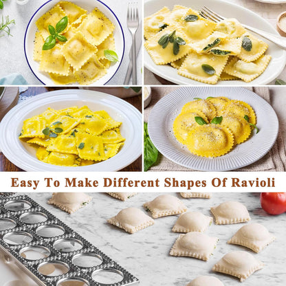Ravioli Mold with 4 Ravioli Stamp Maker Cutter, 1 Wooden Rolling Pin | 12 Holes Ravioli Maker for Homemade Raviolis, Pasta Making Tools Set for Making Pasta, Dumplings, Pierogi, Lasagna, Meat Pie