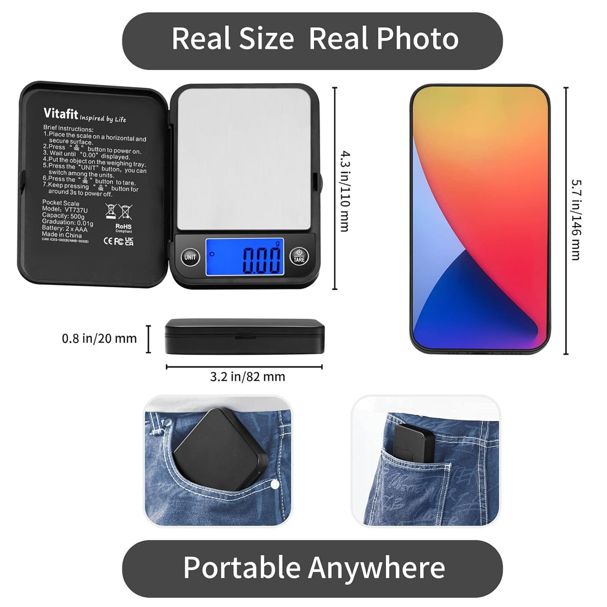 500g Digital Pocket Scale,High Accuracy Assured by Scale Professional Factory Since 2001, Gram Scale 0.01g for Multifunction: Lab,Food, Kitchen,Coffee,Jewelry; Black