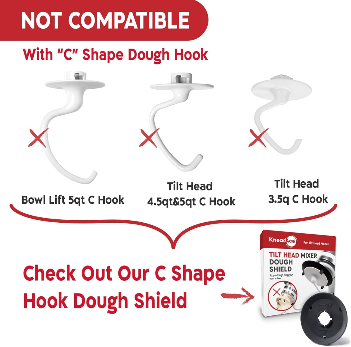 KneadAce Spiral Dough Hook Shield for KitchenAid, 2 Adapters Included | Stops Dough Climbing, Fits All Spiral Hooks, 5-8 Qt Bowl Lift Mixers, Dishwasher Safe, Food-Safe, Mess-Free Baking