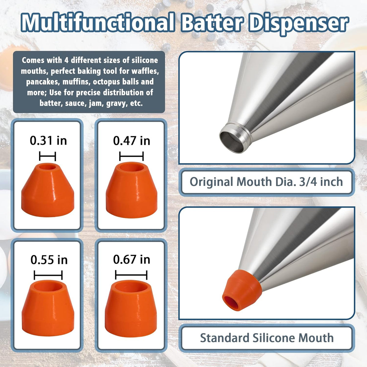 Pancake Batter Dispenser, 40oz Multi-Caliber Stainless Steel Funnel Cake Dispenser with Stand Great for Pancakes, Cupcakes or Any Baked Goods
